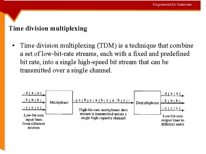 Time division multiplexing • Time division multiplexing (TDM) is a technique that combine a