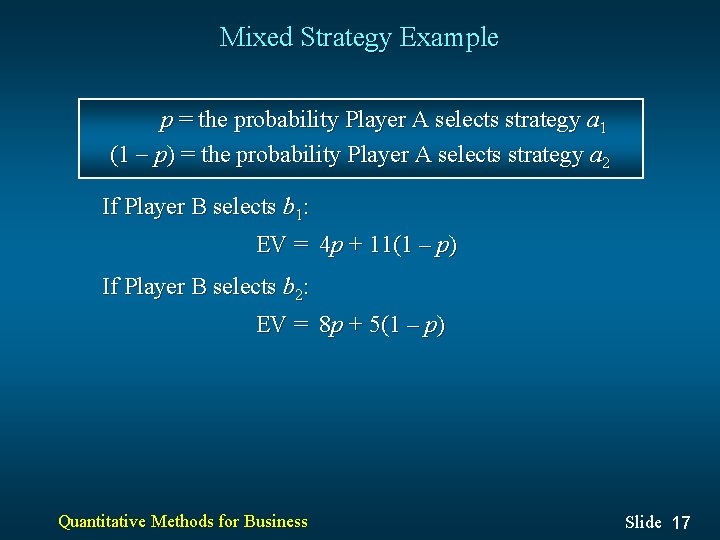 Mixed Strategy Example p = the probability Player A selects strategy a 1 (1