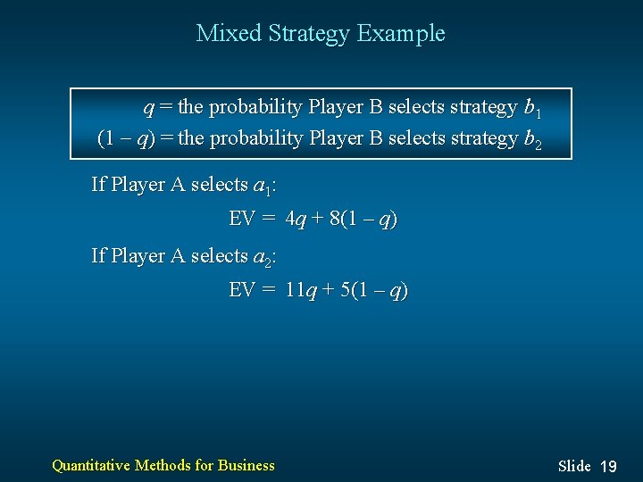 Mixed Strategy Example q = the probability Player B selects strategy b 1 (1