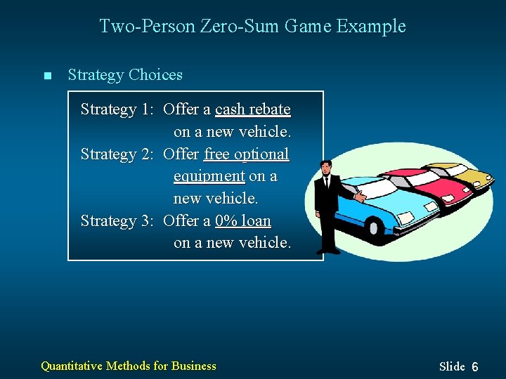 Two-Person Zero-Sum Game Example n Strategy Choices Strategy 1: Offer a cash rebate on