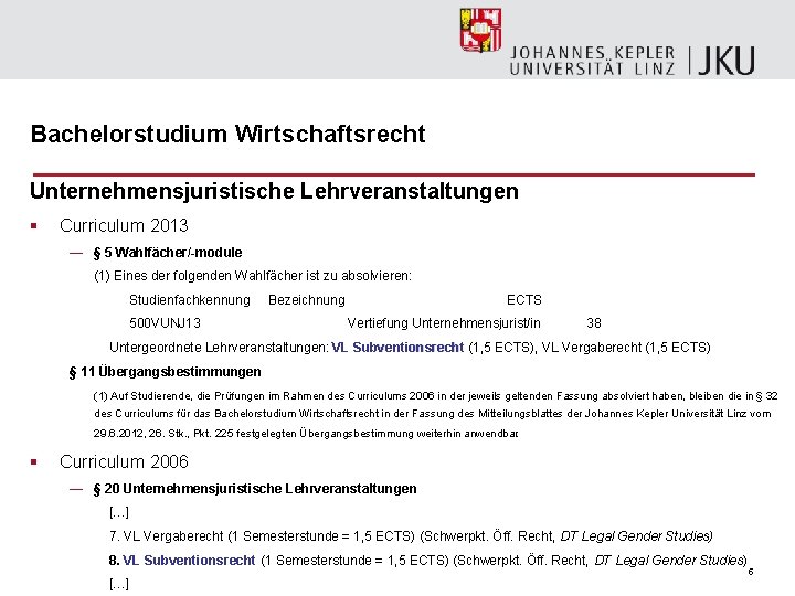 Bachelorstudium Wirtschaftsrecht Unternehmensjuristische Lehrveranstaltungen § Curriculum 2013 — § 5 Wahlfächer/-module (1) Eines der