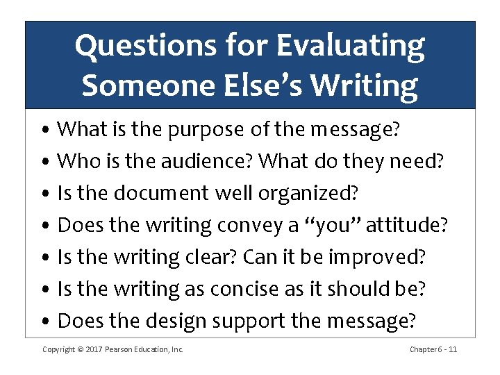 Questions for Evaluating Someone Else’s Writing • What is the purpose of the message?