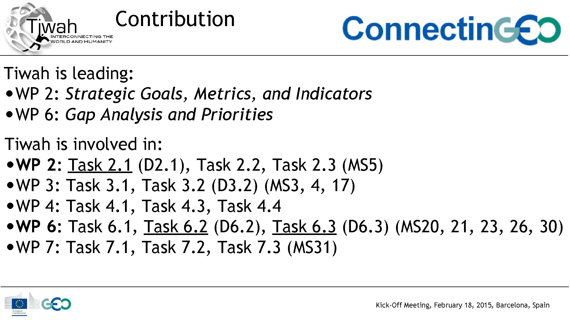 Contribution Tiwah is leading: • WP 2: Strategic Goals, Metrics, and Indicators • WP