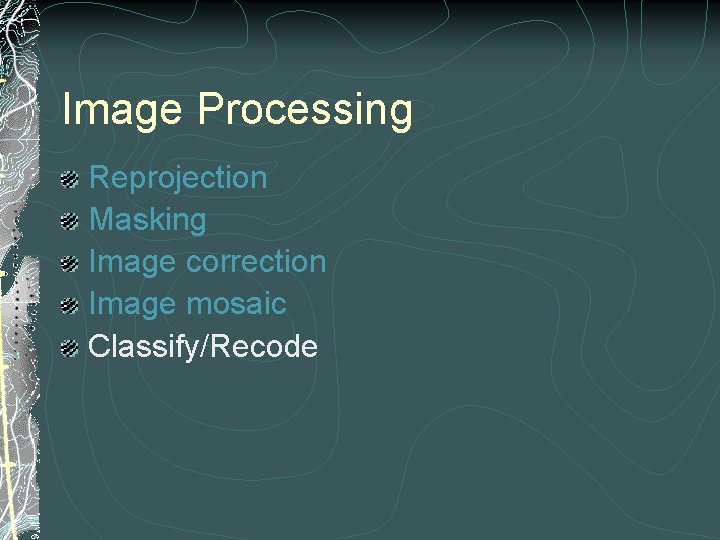 Image Processing Reprojection Masking Image correction Image mosaic Classify/Recode 