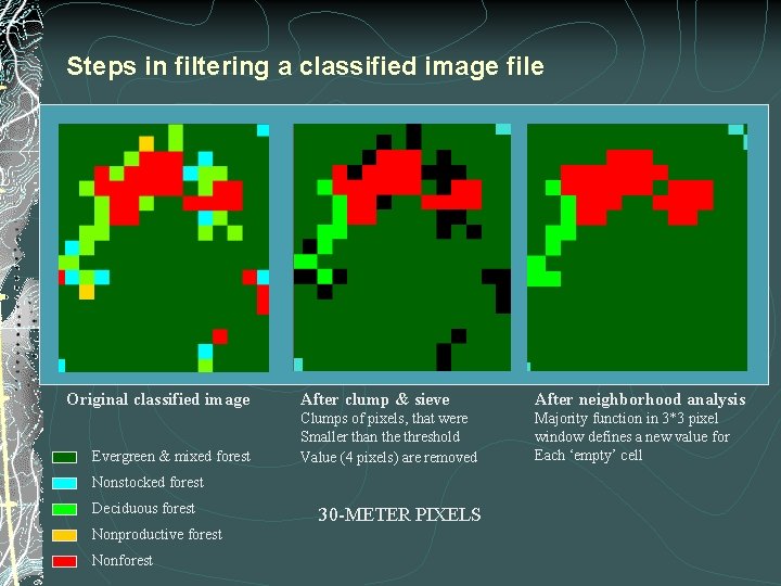 Steps in filtering a classified image file Original classified image Evergreen & mixed forest