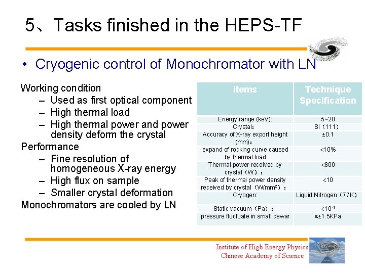 5、Tasks finished in the HEPS-TF • Cryogenic control of Monochromator with LN Working condition