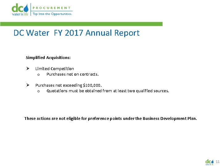 DC Water FY 2017 Annual Report Simplified Acquisitions: Ø Limited Competition o Purchases not