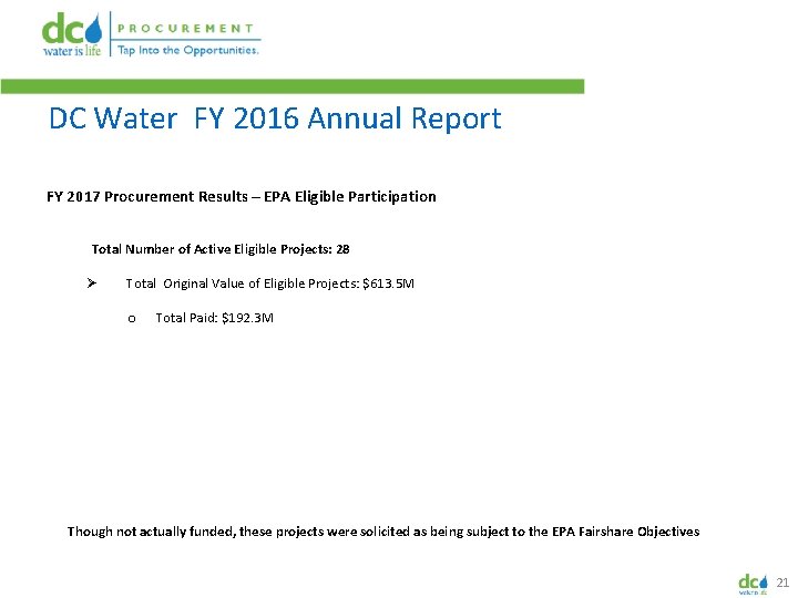 DC Water FY 2016 Annual Report FY 2017 Procurement Results – EPA Eligible Participation