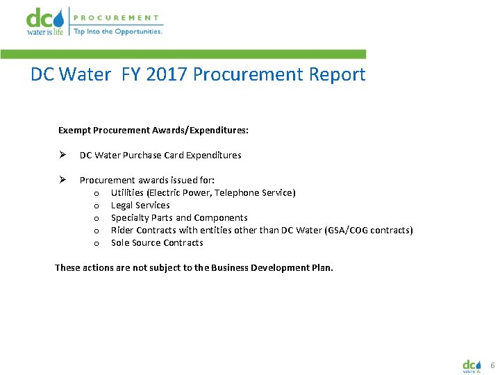 DC Water FY 2017 Procurement Report Exempt Procurement Awards/Expenditures: Ø DC Water Purchase Card