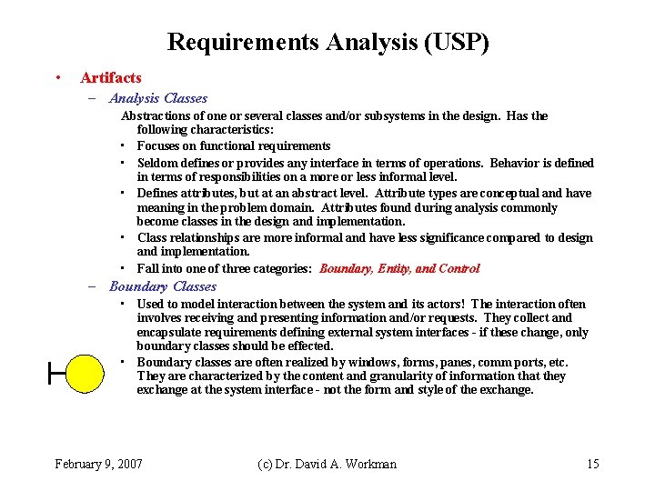 Requirements Analysis (USP) • Artifacts – Analysis Classes Abstractions of one or several classes Requirements Analysis (USP) • Artifacts – Analysis Classes Abstractions of one or several classes
