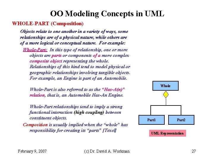OO Modeling Concepts in UML WHOLE-PART (Composition) Objects relate to one another in a OO Modeling Concepts in UML WHOLE-PART (Composition) Objects relate to one another in a