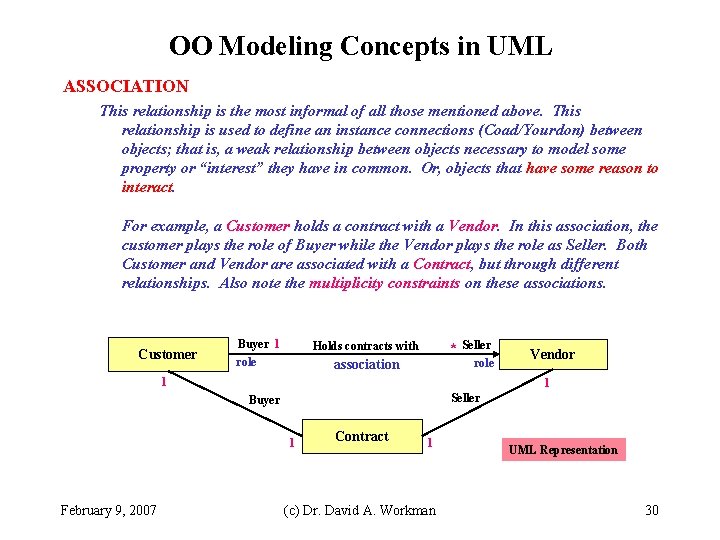 OO Modeling Concepts in UML ASSOCIATION This relationship is the most informal of all OO Modeling Concepts in UML ASSOCIATION This relationship is the most informal of all