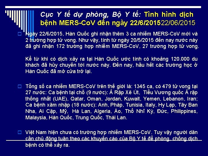 Cục Y tế dự phòng, Bộ Y tế: Tình hình dịch bệnh MERS-Co. V