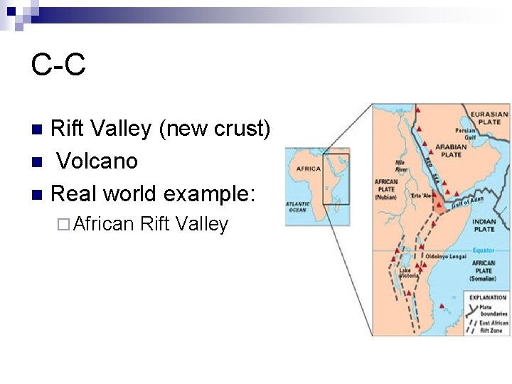 C-C Rift Valley (new crust) n Volcano n Real world example: n ¨ African