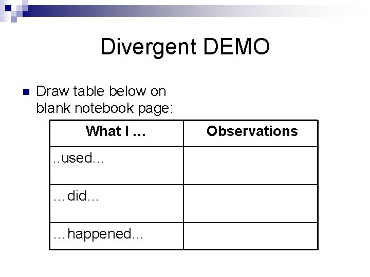 Divergent DEMO n Draw table below on blank notebook page: What I …. .