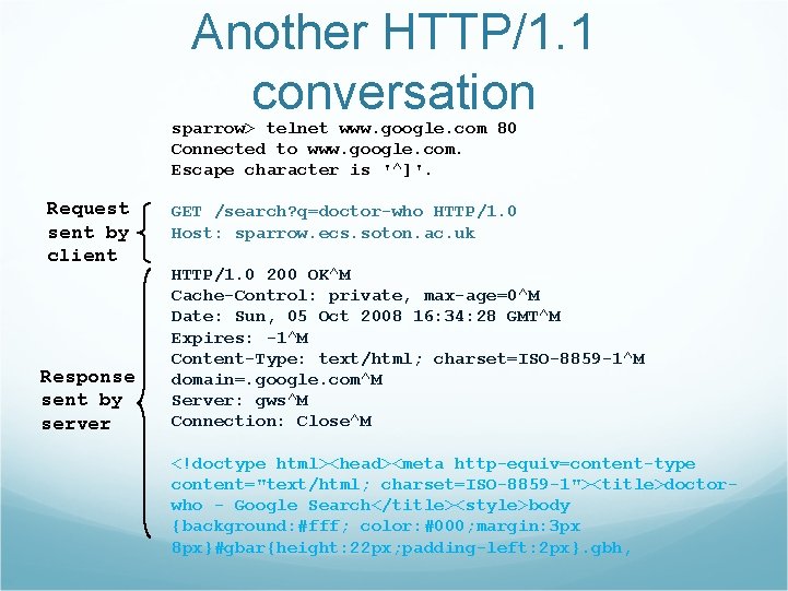 Another HTTP/1. 1 conversation sparrow> telnet www. google. com 80 Connected to www. google.