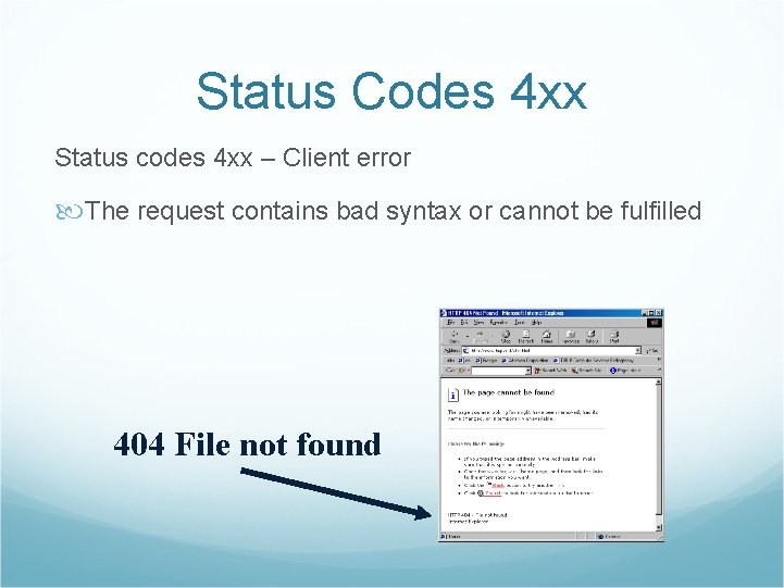 Status Codes 4 xx Status codes 4 xx – Client error The request contains