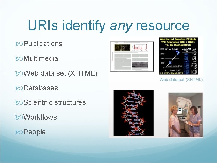 URIs identify any resource Publications Multimedia Web data set (XHTML) Databases Scientific structures Workflows