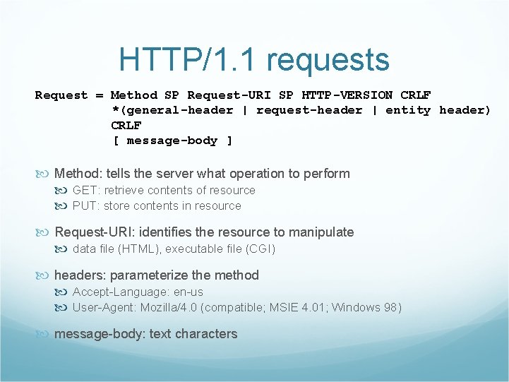 HTTP/1. 1 requests Request = Method SP Request-URI SP HTTP-VERSION CRLF *(general-header | request-header