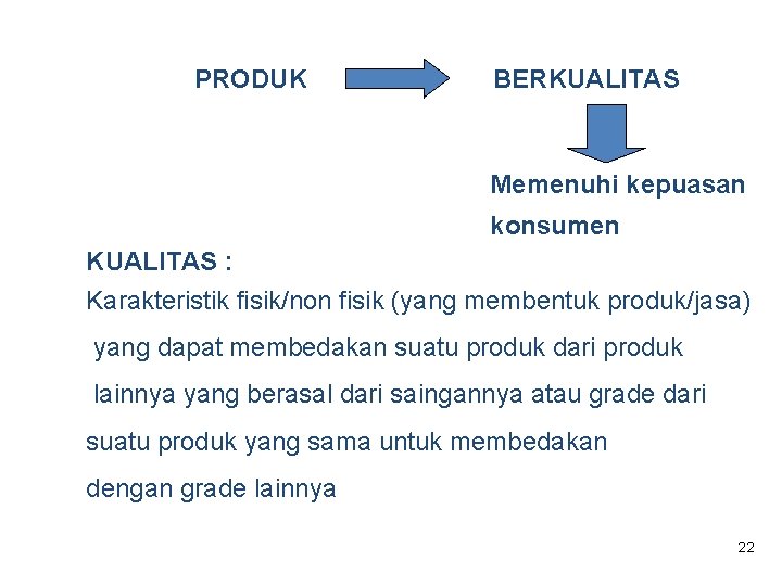 PRODUK BERKUALITAS Memenuhi kepuasan konsumen KUALITAS : Karakteristik fisik/non fisik (yang membentuk produk/jasa) yang