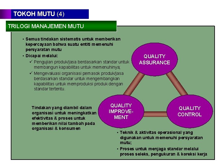 TOKOH MUTU (4) TRILOGI MANAJEMEN MUTU • Semua tindakan sistematis untuk memberikan kepercayaan bahwa