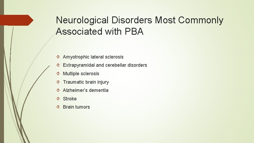 Neurological Disorders Most Commonly Associated with PBA Amyotrophic lateral sclerosis Extrapyramidal and cerebellar disorders