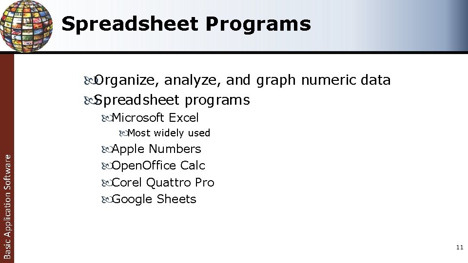 Spreadsheet Programs Organize, analyze, and graph numeric data Spreadsheet programs Microsoft Excel Basic Application Spreadsheet Programs Organize, analyze, and graph numeric data Spreadsheet programs Microsoft Excel Basic Application