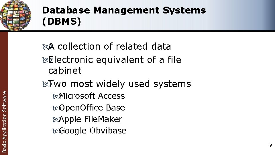 Database Management Systems (DBMS) Basic Application Software A collection of related data Electronic equivalent Database Management Systems (DBMS) Basic Application Software A collection of related data Electronic equivalent