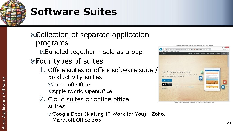 Software Suites Collection of separate application Basic Application Software programs Bundled together – sold Software Suites Collection of separate application Basic Application Software programs Bundled together – sold