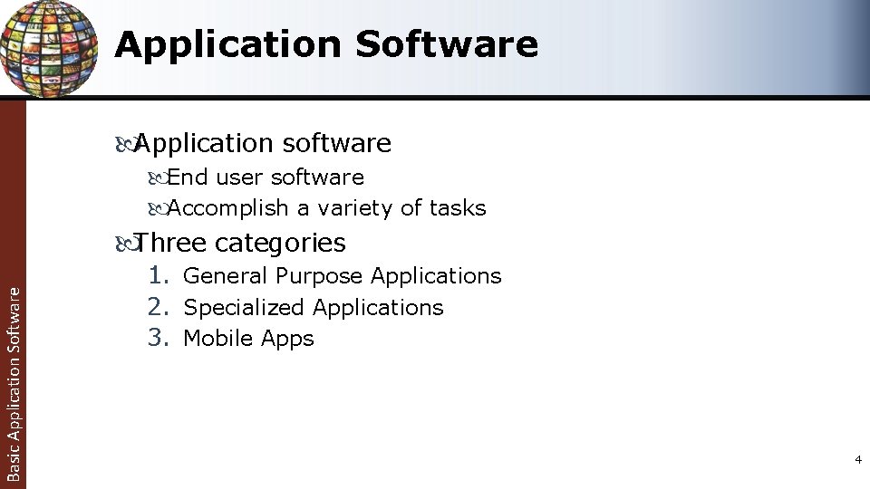 Application Software Basic Application Software Application software End user software Accomplish a variety of Application Software Basic Application Software Application software End user software Accomplish a variety of