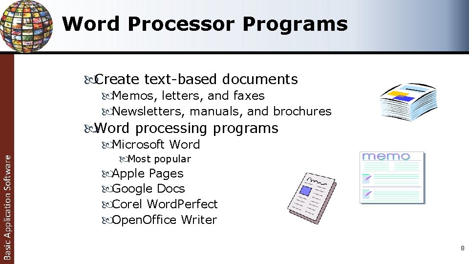 Word Processor Programs Create text-based documents Basic Application Software Memos, letters, and faxes Newsletters, Word Processor Programs Create text-based documents Basic Application Software Memos, letters, and faxes Newsletters,