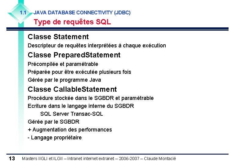 1. 1 JAVA DATABASE CONNECTIVITY (JDBC) Type de requêtes SQL Classe Statement Descripteur de