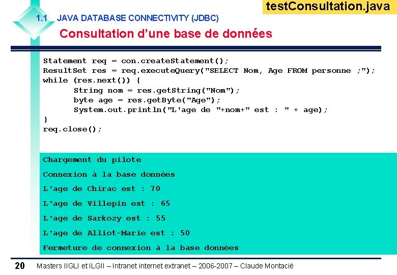 test. Consultation. java 1. 1 JAVA DATABASE CONNECTIVITY (JDBC) Consultation d’une base de données