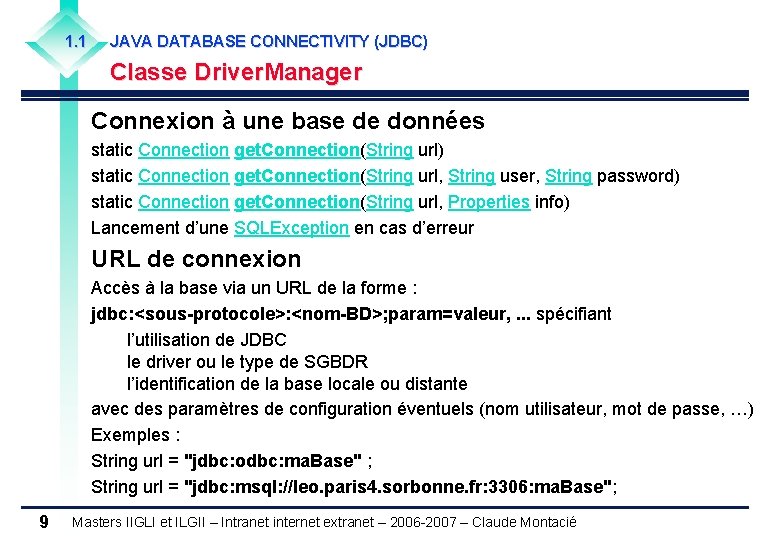 1. 1 JAVA DATABASE CONNECTIVITY (JDBC) Classe Driver. Manager Connexion à une base de