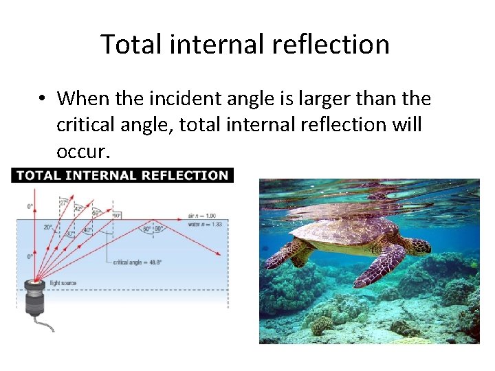 Total internal reflection • When the incident angle is larger than the critical angle,