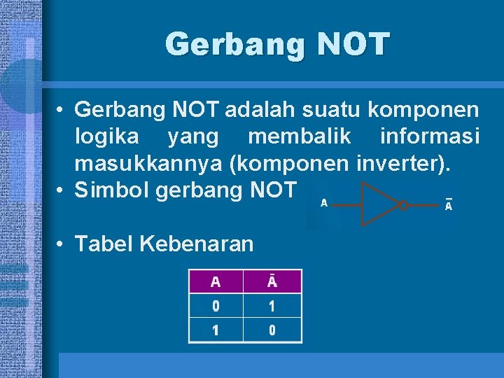 Gerbang NOT • Gerbang NOT adalah suatu komponen logika yang membalik informasi masukkannya (komponen