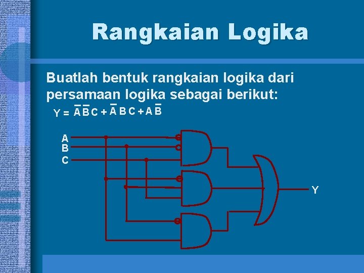 Rangkaian Logika Buatlah bentuk rangkaian logika dari persamaan logika sebagai berikut: Y = ABC