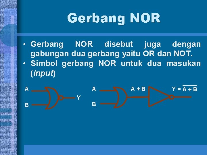 Gerbang NOR • Gerbang NOR disebut juga dengan gabungan dua gerbang yaitu OR dan