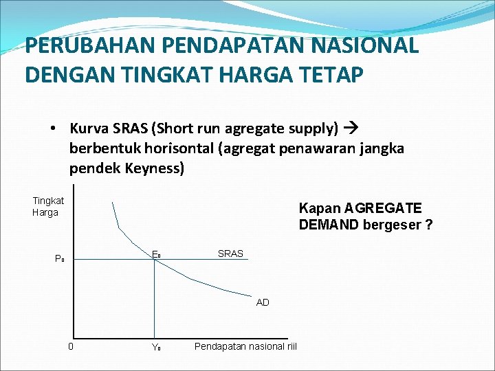 PERUBAHAN PENDAPATAN NASIONAL DENGAN TINGKAT HARGA TETAP • Kurva SRAS (Short run agregate supply)