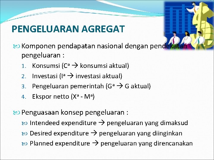 PENGELUARAN AGREGAT Komponen pendapatan nasional dengan pendekatan pengeluaran : 1. Konsumsi (Ca konsumsi aktual)