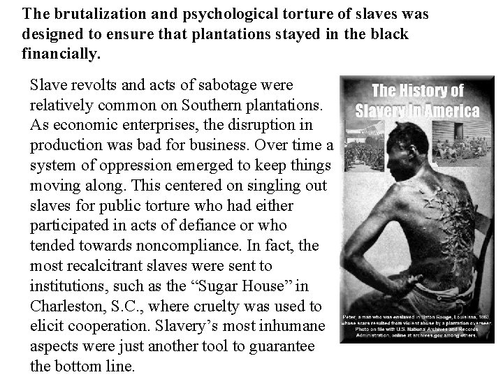 The brutalization and psychological torture of slaves was designed to ensure that plantations stayed