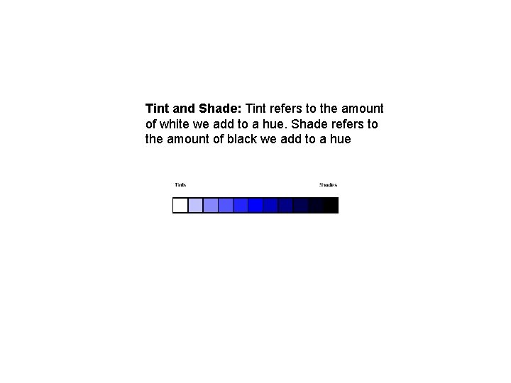 Tint and Shade: Tint refers to the amount of white we add to a