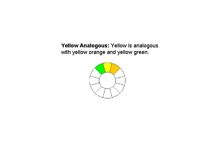 Yellow Analogous: Yellow is analogous with yellow orange and yellow green. Yellow Analogous: Yellow is analogous with yellow orange and yellow green.