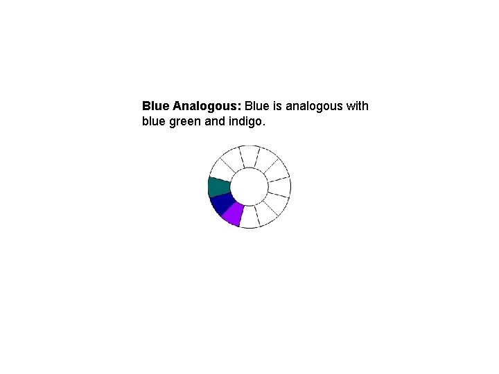 Blue Analogous: Blue is analogous with blue green and indigo. Blue Analogous: Blue is analogous with blue green and indigo.
