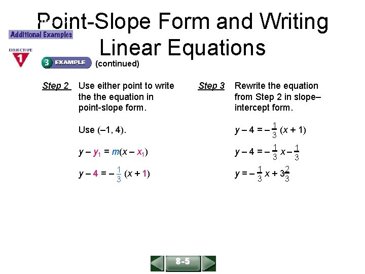 Point-Slope Form and Writing Linear Equations ALGEBRA 1 LESSON 6 -4 (continued) Step 2