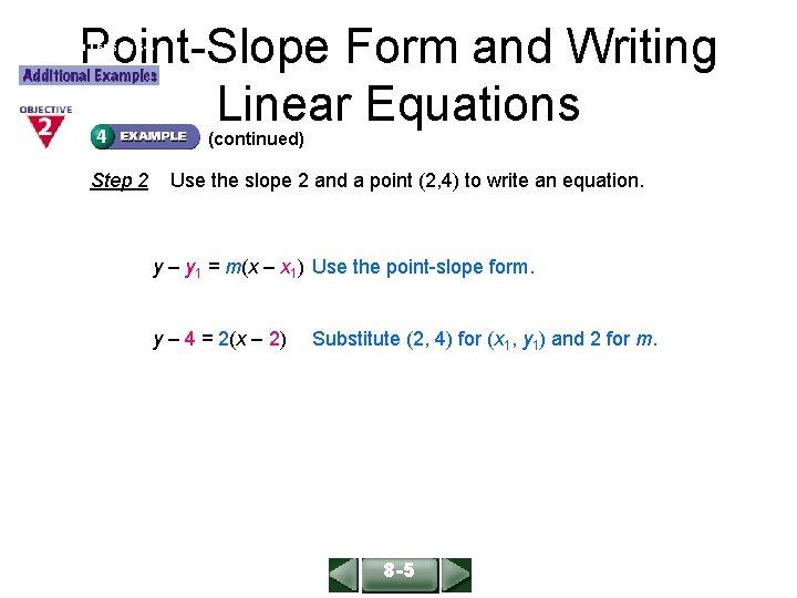 Point-Slope Form and Writing Linear Equations ALGEBRA 1 LESSON 6 -4 (continued) Step 2