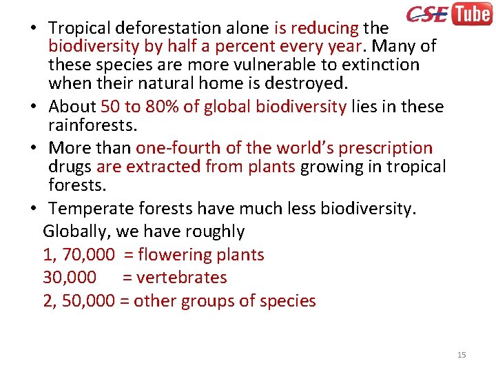  • Tropical deforestation alone is reducing the biodiversity by half a percent every