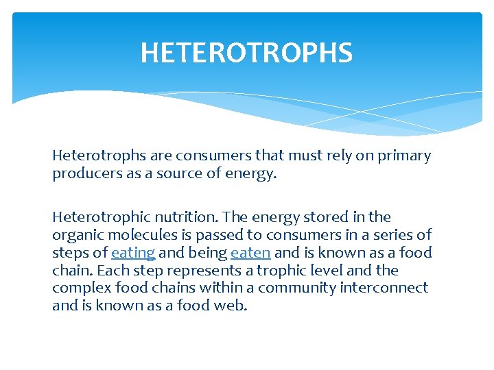 HETEROTROPHS Heterotrophs are consumers that must rely on primary producers as a source of
