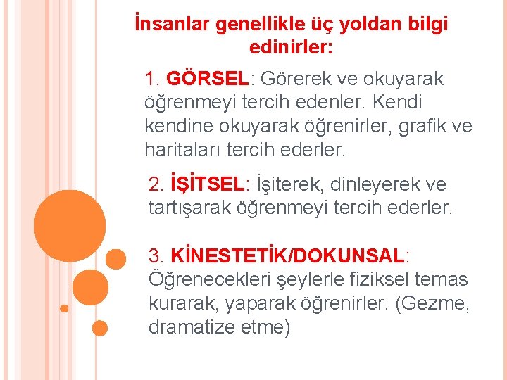 İnsanlar genellikle üç yoldan bilgi edinirler: 1. GÖRSEL: Görerek ve okuyarak öğrenmeyi tercih edenler.