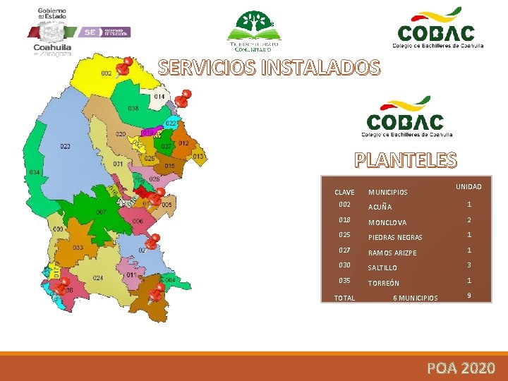 SERVICIOS INSTALADOS PLANTELES CLAVE MUNICIPIOS UNIDAD 002 ACUÑA 1 018 MONCLOVA 2 025 PIEDRAS